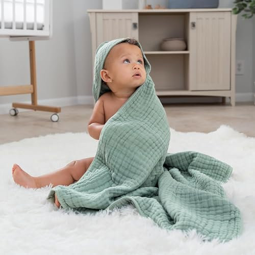 Comfy Cubs Baby-Kapuzenhandtuch aus 9-lagigem Musselin-Baumwolle, groß (32 x 32), ultraweich, warm und saugfähig. Süßer Unisex-Bezug für Mädchen und Jungen (1 Stück, Farn)