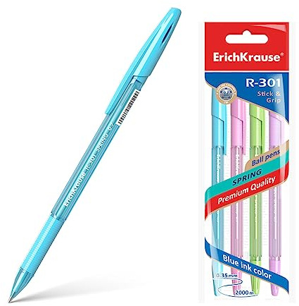 Erich Krause Kugelschreiber 0,35mm 4 Stück Blau - einfaches und weiches Schreiben - schlanke Form & transparent - Kullis & Schreibtischzubehör - mit Gummigriff - R-301 Spring