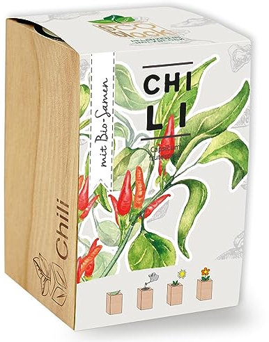 Feel Green ecoblock Chili, Bio Samen, Nachhaltige Geschenkidee (100% Eco Friendly), Grow Your Own/Anzuchtset, Pflanzen im Holzblock, Made in Austria, Holz