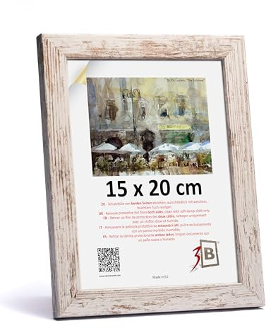 3-B Cadre de l'image HIT - Blanc rustique (blanc vieilli optiquement avec grain de bois visible) - 15x20 cm - cadre photo en bois avec verre acrylique