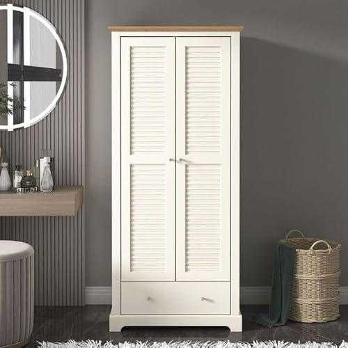 Galano Milan 2 Door 1 Drawer Wardrobe - Bedroom Furniture Unit with Hanging Rail Storage and Drawer, Wardrobe Storage Organizer (Ivory/Oak)