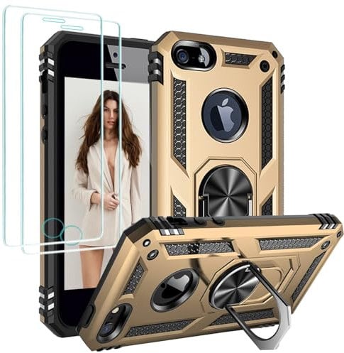 Jeylly Phone Case for iPhone SE 2016, iPhone 5/5S Case with 2Pcs HD Screen Protector, Military Grade Drop Protection Magnetic Ring Stand Holder Rugged Cover for Girls Boys Kids, Gold