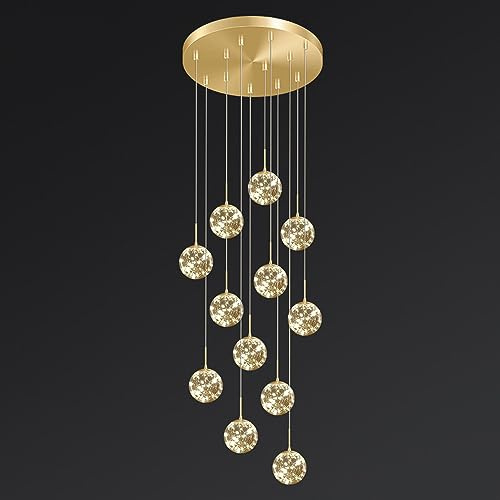Lustre Rond à Haut Plafond pour Hall d'entrée, escalier, chaîne à filaments, Boules de Verre ambré, Suspension LED Moderne, Lampe Suspendue dorée réglable pour Salle à Manger, Salon, Grand 3