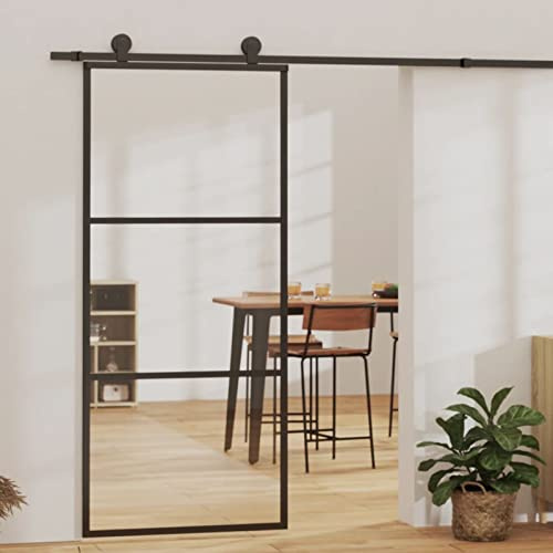 Gecheer Puerta Corredera con Herrajes Puerta Corrediza Moderna Entrada Corrediza Deslizante Hogar Cuarto de Baño Salón Habitación ESG Vidrio y Aluminio 90 x 205 cm 2 Barras horizontales