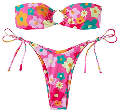 Generisch Bandeau Bikini Set mit O-Ring Damen Gepolstert Trägerlos Blumenmuster Badeanzug Push Up String Bikini Sexy Bikini Hose Tanga Zweiteilige Bademode Swimsuit(Rosa, S)
