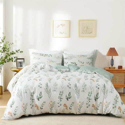 Nyescasa Bettwäsche 200x220 3 Teilig Weiß Grün Blumen Blätter Muster Bettwäsche-Set Pflanzen Botanisch Wendebettwäsche Bunt Weiche Mikrofaser Bettbezug mit Reißverschluss und 2 Kissenbezug 80x80cm