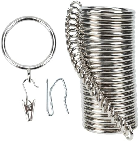 Vorhangringe und Hakenclip, 25 mm Innendurchmesser, komplettes Set mit Gardinenstangenringen, Haken und Clips, 24 Stück, Vorhangringe für Zwei Standard-Vorhänge Silber TXZWJZ