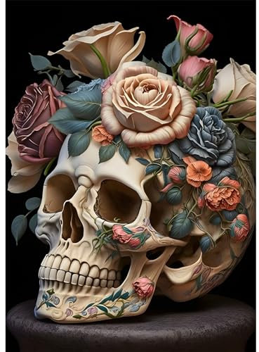 EOBROMD Skull Diamond Painting, 5D Diamond Painting Kits for Adults, Full Round Drill Diamond Art Kits, Flowers Diamond Painting Crystal Rhinestone Craft for Halloween Decor 30x40cm