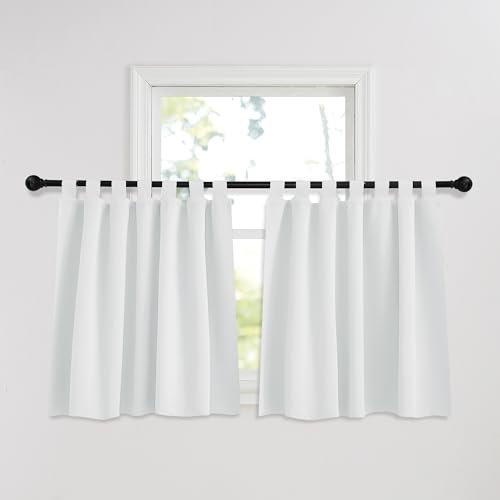 PONY DANCE Schlaufengardinen Kurz Küchengardinen Blickdicht Verdunklungsvorhänge Wohnzimmer Fenstervorhang Scheibengardinen mit Schlaufen 2er Set H 90 x B 140 cm, Grau-weiß