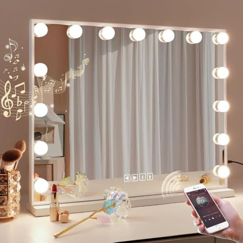Fenair Vanity Mirror with Lights and Speaker 58x46 cm Hollywood Speaker Support Answer Call, Touch Screen, 3 Color Modes Tabletop 15 Dimmable Bulbs
