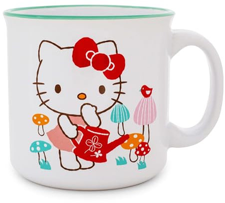 Silver Buffalo Sanrio Hello Kitty Watering Mushrooms Ceramic Camper Mug | Large Coffee Cup For Tea, Espresso, Cocoa | Holds 20 Ounces