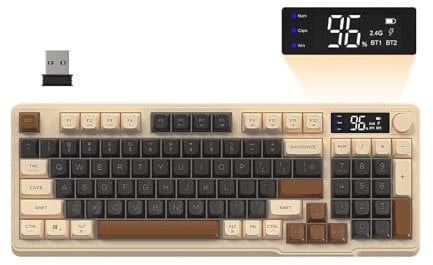 FREEWOLF M96 Tastiera Da Gioco Wireless, Controllo Tramite Manopola Bluetooth/Tastiera Wireless 2.4G, Retroilluminazione a LED RGB con Schermo, Copritasto PBT, 3000mAh, Layout USA QWERTY - Caffè