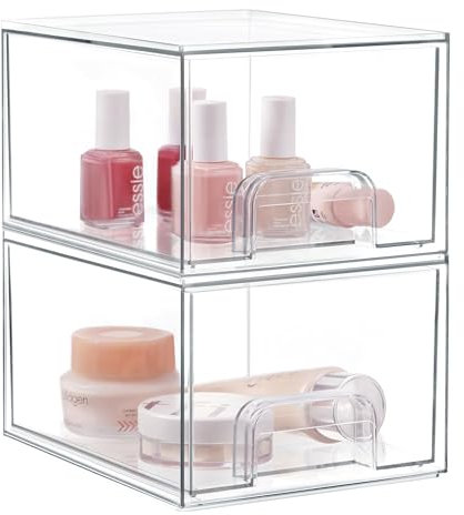Suyoo Makeup Organiser,2 Pack Stackable Storage Drawers 4.4'' Tall Acrylic Bathroom Organisers,Clear Plastic Storage Bins For Vanity Bathroom Kitchen Cabinets Laundry Rooms Pantry