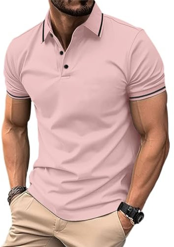 seiveini Polo Homme Manches Courtes Coupe Ajustée Polo d'été Couleur de Contraste Casual Mode Polo de Sport Classique Golf Tennis Polo T-Shirt Homme Basic Tops Vêtement A Rose Clair S