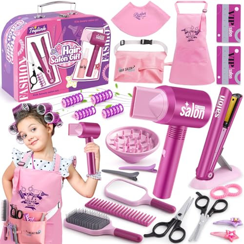 G.C Friseur Set Kinder Spielzeug Geschenke für Mädchen 3 4 5 6 7 Jahre Friseurkoffer mit Haartrockner Haarglätter Kamm Spiegel Schürze Haarstyling Zubehör Kinderschminke Spielzeug Rollenspiel