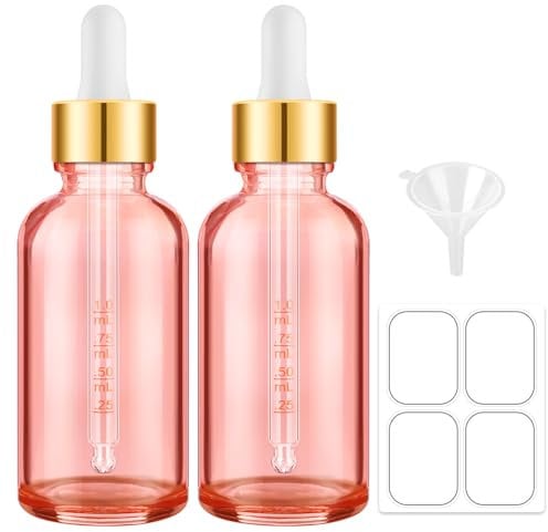 Bumobum 2 oz Glass Dropper Bottles, 2 pack Pink Lab dispensing Bottles for Essential Oils with Funnel, Labels & Pipette, Eye Tincture Bottle with Measured Dropper