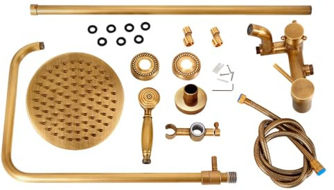 Ensemble de douche à effet pluie antique - Mitigeur en laiton - Douchette à main - Cuivre - Bronze antique - Robinet de douche vintage en laiton doré