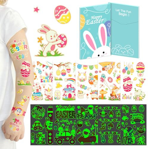 Acevegue Ostern Tattoo Kinder, 15 Bögen Kindertattoos Leuchtende Hautfreundlich Kleinigkeiten Ostergeschenke Kinder, Ostereier Aufkleber Oster Basteln Spielzeug Geschenke Deko with Schön Verpackt