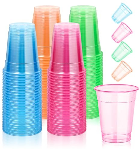 KesaPlan 120 PCS Plastic Neon Cups, 12 OZ Disposable Glow Cups Under UV Black Light for Neon Party Decorations, Colorful Glow in the Dark for Rave Party Christmas Thanksgiving Halloween Holidays