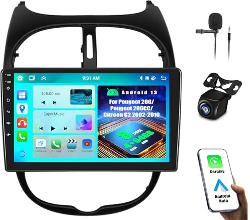 OiLiehu 4+64G 8 Core Android 13 2 DIN Carplay Android Auto Bluetooth Pantalla Radio Coche 9 Pulgadas para Peugeot 206/Peugeot 206CC/Citroen C2 2002-2010 con GPS FM RDS WiFi SWC DSP/EQ