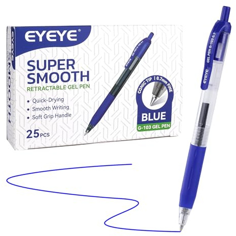 EYEYE Gelschreiber 0,7 mm blaue Gelstifte, 25 Stück, feine Piont einziehbare Gelstifte, glattes Schreiben für Büro, Schulbedarf, Geeignet für Rechts- und Linkshänder, liegt leicht in der Hand
