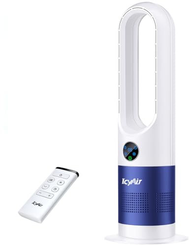 IcyAir Ventilatore a Torre Senza Pale, Ventilatore Senza Pale Silenzioso Con Telecomando, 35 dB, 8 Velocità, Oscillazione a 90°, Timer da 9 Ore, Display LED, Ventilatore a Colonna per Camera