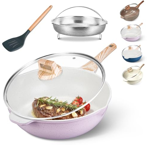 AOSION 12 Inch Nonstick Ceramic Deep Frying Pan, Large Ceramic Skillet. | Lid & Steam Rack, 5.5QT Sauté Pan, Stay Cool Handle, Induction Compatible, PFOA & PFAS Free