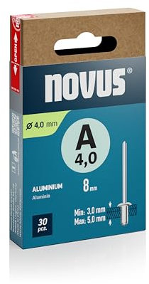Novus Tools Rivets aveugles en aluminium Ø 4,0 mm, longueur 8 mm, 30 rivets, épaisseur du matériau 3,0-5,0 mm, fixation de métaux non ferreux, plastique, matériaux légers, cuir et tissus