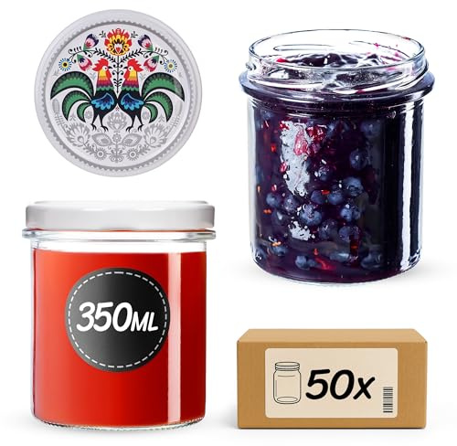 KADAX 50er Set Marmeladengläser 350ml TO82 Hähne, Einmachgläser Vorratsgläser Mason Jar mit Schraubdeckel, Luftdichte Schraubgläser, Honig & Konfitüre
