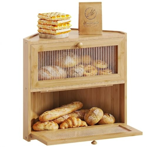 BAMBANG Eck-Brotkasten für Küchenarbeitsplatte, Doppelschicht-Brotaufbewahrungsbehälter, Bauernhaus, großer Brotkasten, Theke, Holzbrotkastenhalter für selbstgemachtes Brot, Natur