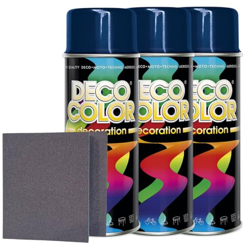 Craft-Equip DC 3er Sparpack Lackspray nach RAL in 400ml zur Lackierung von Auto Stahl Aluminium Beton Holz und 2 Stück Schleifpads (3 Dosen in saphir blau glanz RAL 5003 + 2 Stück Schleifschwamm)