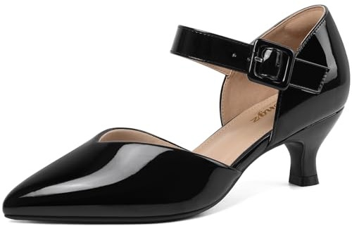RIBONGZ Comfortable Kitten Heels for Women Pointed Closed Toe Ankle Strap Buckle Heels Slip on Low Heel Church Pumps Wedding Bridal Party Dressy Shoes, Black Patent, 9 UK
