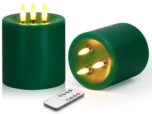 2PC 3 Wick Flameless Candles Set, 4x4 Green Christmas Candles with Remote | Flickering Real Wax Large Pillar Candles with Timer, Dimmable Electric LED Candles Battery Operated for Home Christmas Decor