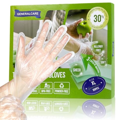 GENERALCARE Einweghandschuhe Transparente 100 Stück Extra Stark Reißfest TPE Einmalhandschuhe Puderfrei Latexfrei Lebensmittelecht Plastikhandschuhe für Küche, Reinigung, Pflege und Gewerbe