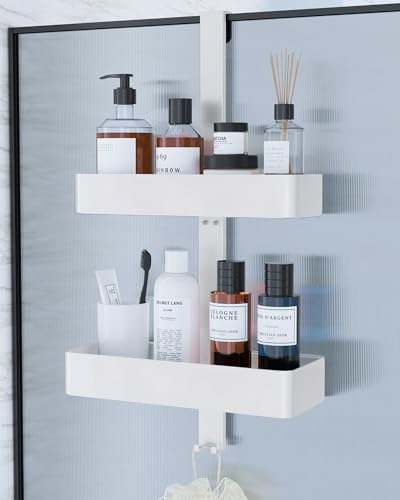 Kitsure Duschregal ohne Bohren, 2-stöckiges Duschablage zum Hängen, Weiß | rostfrei & vielseitiges Duschregal, praktisch für Shampoo, Handtuch & Abzieher, 29,1 x 11,2 x 5,1cm