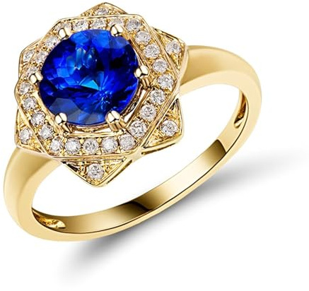 Verlobungsring Damen Gold 18K, Hochzeitsringe Blau 1.3 Karat Tansanit Runde Blume Gold Gr.53 (16.9) 750 Gelbgold