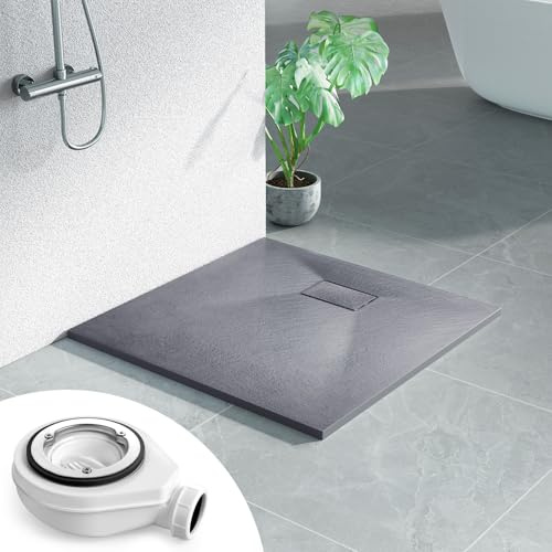 Heilmetz SMC Duschwanne 80 x 80 cm Grau, flach 2,6 cm inkl. Ablaufgarnitur | Pflegeleichte SMC Duschwanne mit rutschhemmender Steinoptik, 2,6 cm Höhe und 90 mm Ablauföffnung für flexible Montage