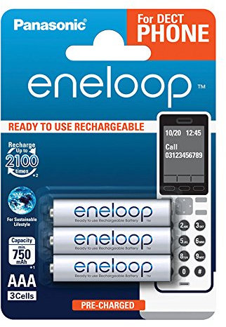 Panasonic eneloop, Ready-to-Use Ni-MH Akku, AAA Micro, 3er Pack, min. 750 mAh, 2100 Ladezyklen, geringe Selbstentladung, für Schnurlostelefone (DECT), wiederaufladbare Akku Batterie