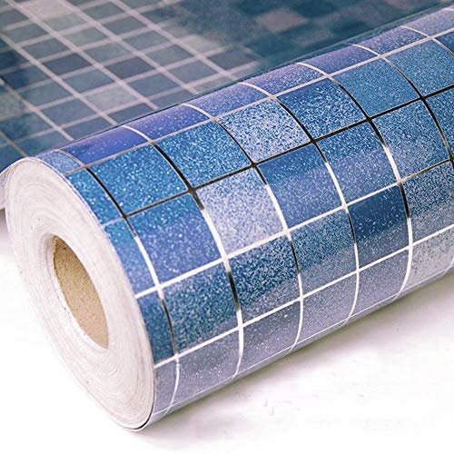 Yizunnu Self Adhesive Wallpaper,White Mosaic Sticky Back Plastic Roll, Self Adhesive Vinyl Wrap Wall Tiles Stickers,for Kitchen Bathroom Backsplash Countertop Waterproof Oil-Proof 45x500cm (Blue)