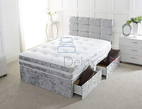 Comfy Deluxe LTD Crushed Velvet DIVAN BED with | MATTRESS | HEADBOARD | STORAGE DRAWERS (2FT6 2 DRAWER, Silver Crush)