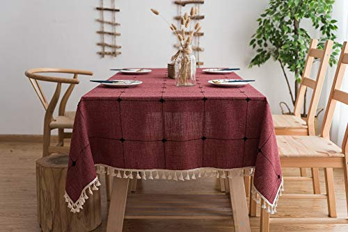 Lanqinglv Quaste Tischdecke 110x110 Rot Kariert Baumwolle und Leinen Tischtuch Couchtisch Tischdecke Quadratisch Abwaschbar Küchentischabdeckung für Speisetisch (110x110,Rot)