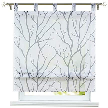 ESLIR Raffrollo mit Schlaufen Gardinen Küche Raffgardinen Transparent Schlaufenrollo Modern Vorhänge Weiß-Grau BxH 80x140cm 1 Stück