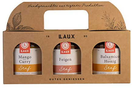 LAUX Senf Feinkost Geschenkset - 3 x 130ml Feinkost Senf - Mit Hochwertiger Geschenkbox - Geschenk