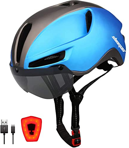 Shinmax Fahrradhelm Herren Damen mit Licht USB-Aufladung Fahrradhelm mit Visier Magnetische Abnehmbarer Urban Erwachsene Radhelm Verstellbarer CE Zertifizierung 57-62CM (Blau Titan)