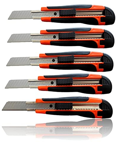 5er Set Cuttermesser 18mm Klingenbreite | scharfe Cuttermesserklingen | Teppichmesser für Heimwerker | Paketmesser | Allzweckmesser mit Klingenfixierung | Profi Kartonmesser [ergonomischer Griff]