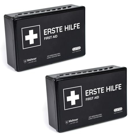 2er Set KFZ-Verbandkasten nach aktueller DIN 13164:2022 | inkl. je 2 med. Gesichtsmasken | Gültig für 2025 gemäß StVZO | Erste Hilfe Set/Kasten/Verbandskasten Auto/PKW/Motorrad | Schwarz
