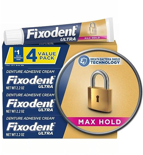 Fixodent Ultra Max Hold Secure Lot de 4 Pate Dentaire Adhésive pour Prothèses Dentaires Complètes et Partielles, 62,4 g