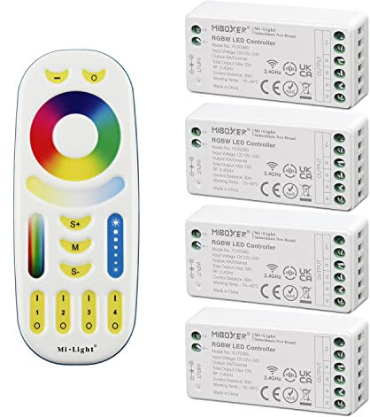 LIGHTEU®, Milight Miboxer-Fernbedienungskit: Packung mit 4 x RGBW LED Streifensteuerungen und 1 x kabelloser 4-Zonen RGBCCT Fernbedienung 4 x fut038S + fut092