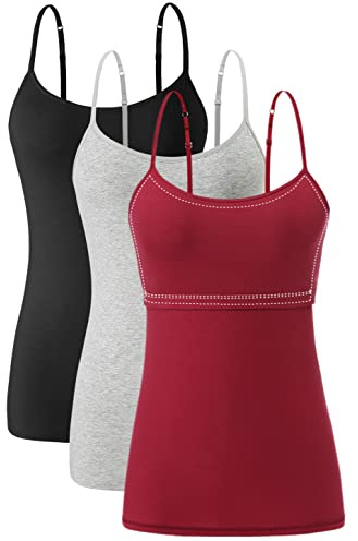 Ymmchy Women Camisoles Adjustable Strap Tank Top with Shelf Bra Cami Vest Cotton Undershirts 3 Pack Black/Gray/Wine Red XXL