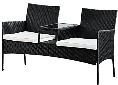 Teamson Home Gartenmöbel, Rattan Korbweide Liebesplatz Bank mit 2 Gepolsterten Sitzen und Integriertem Mittleren Glastisch und Regal, Schwarz